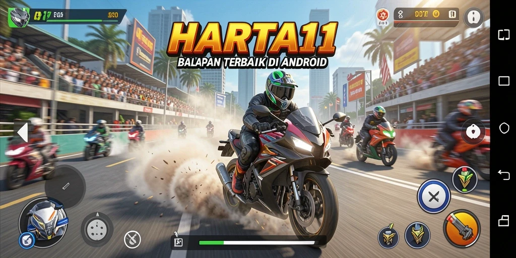 Tampilan gameplay HARTA11 yang intens dalam balapan motor.