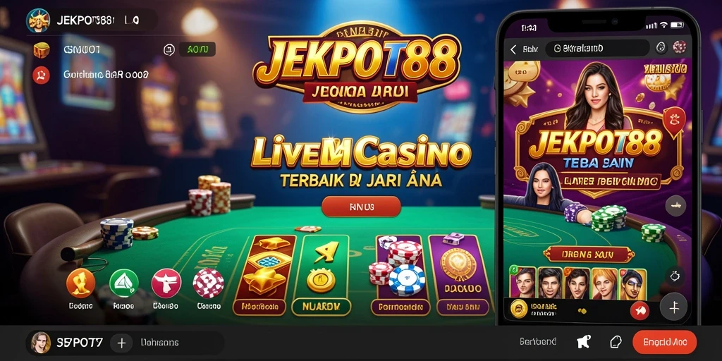 Screenshot JEKPOT88 menampilkan dealer langsung dan suasana permainan kasino.