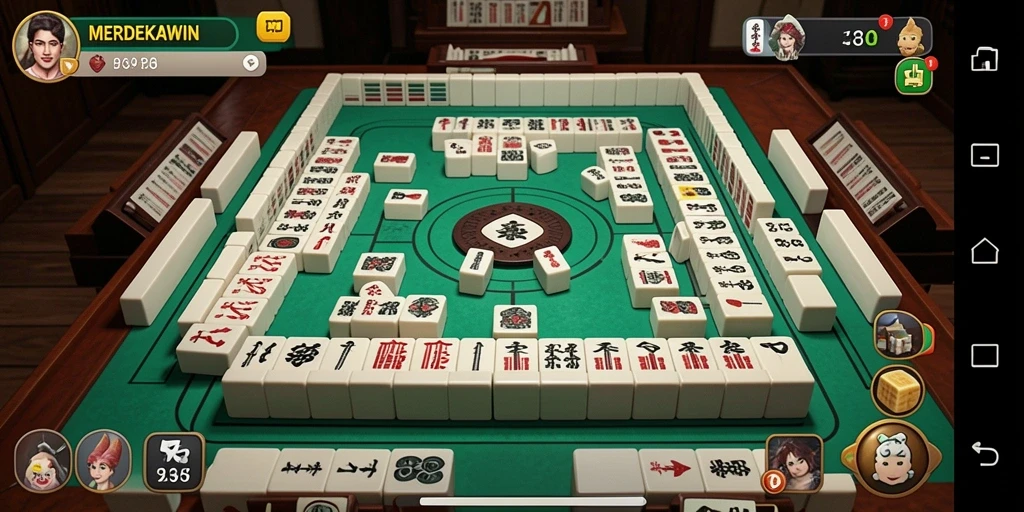 Tangkapan layar gameplay MERDEKAWIN menampilkan suasana Mahjong yang seru.
