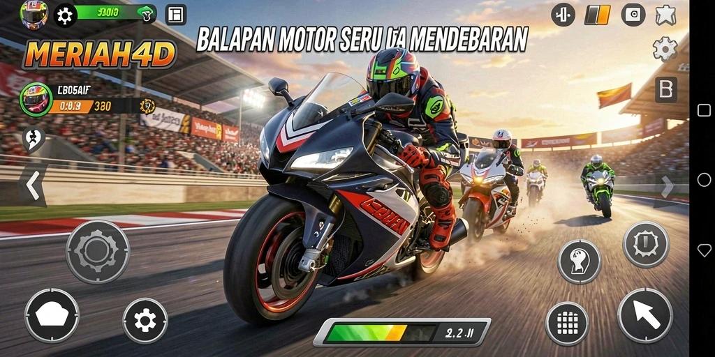Screenshot gameplay MERIAH4D dengan balapan motor yang mendebarkan.