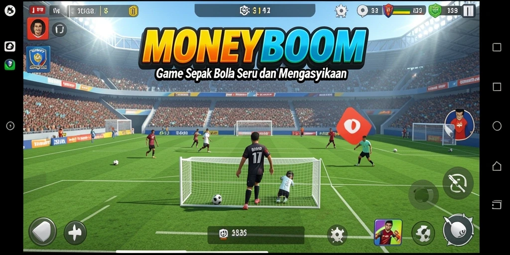 Screenshot gameplay MONEYBOOM dengan aksi sepak bola intens.