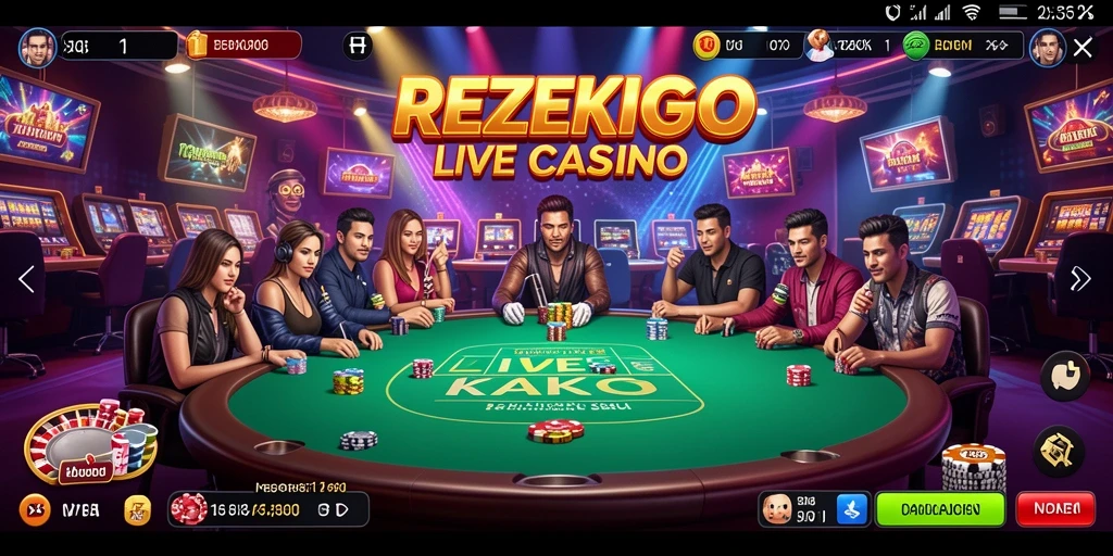 Screenshot gameplay REZEKIGO menampilkan dealer langsung dan pemain dalam suasana casino.