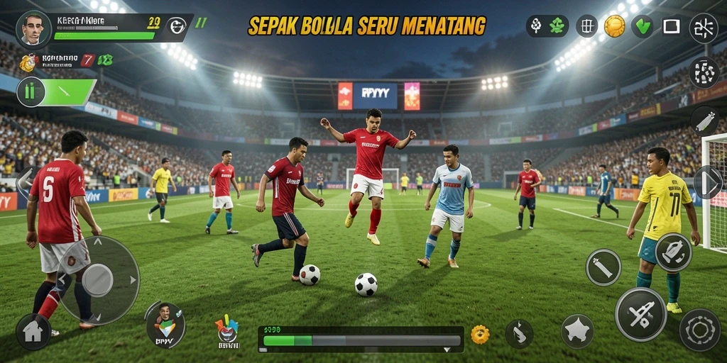 Tampilan gameplay sepak bola yang dinamis dan menarik.