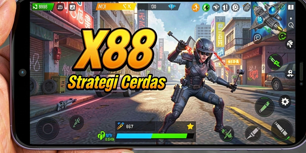 Tangkapan layar permainan X88 yang menunjukkan taktik strategi di medan perang.