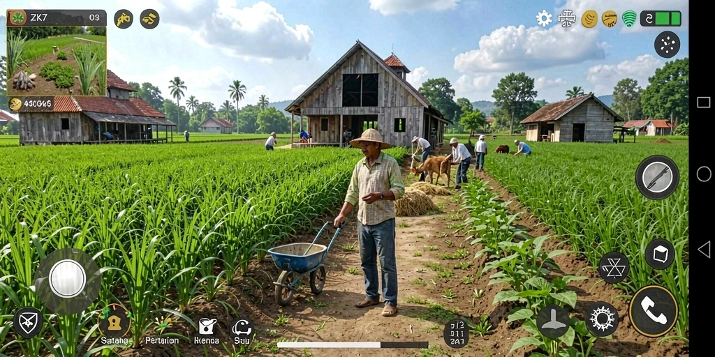 Tampilan gameplay ZK7 dengan aktivitas bertani yang seru.